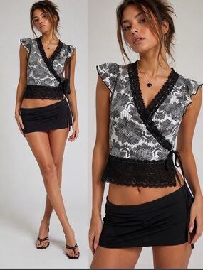 J.T.B Y2K Lace-Trim Black & White Wrap Blouse, Size MP